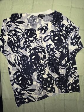 Banana Republic Navy Blue Floral Cardigan Sweater XL Cotton Rayon Blend